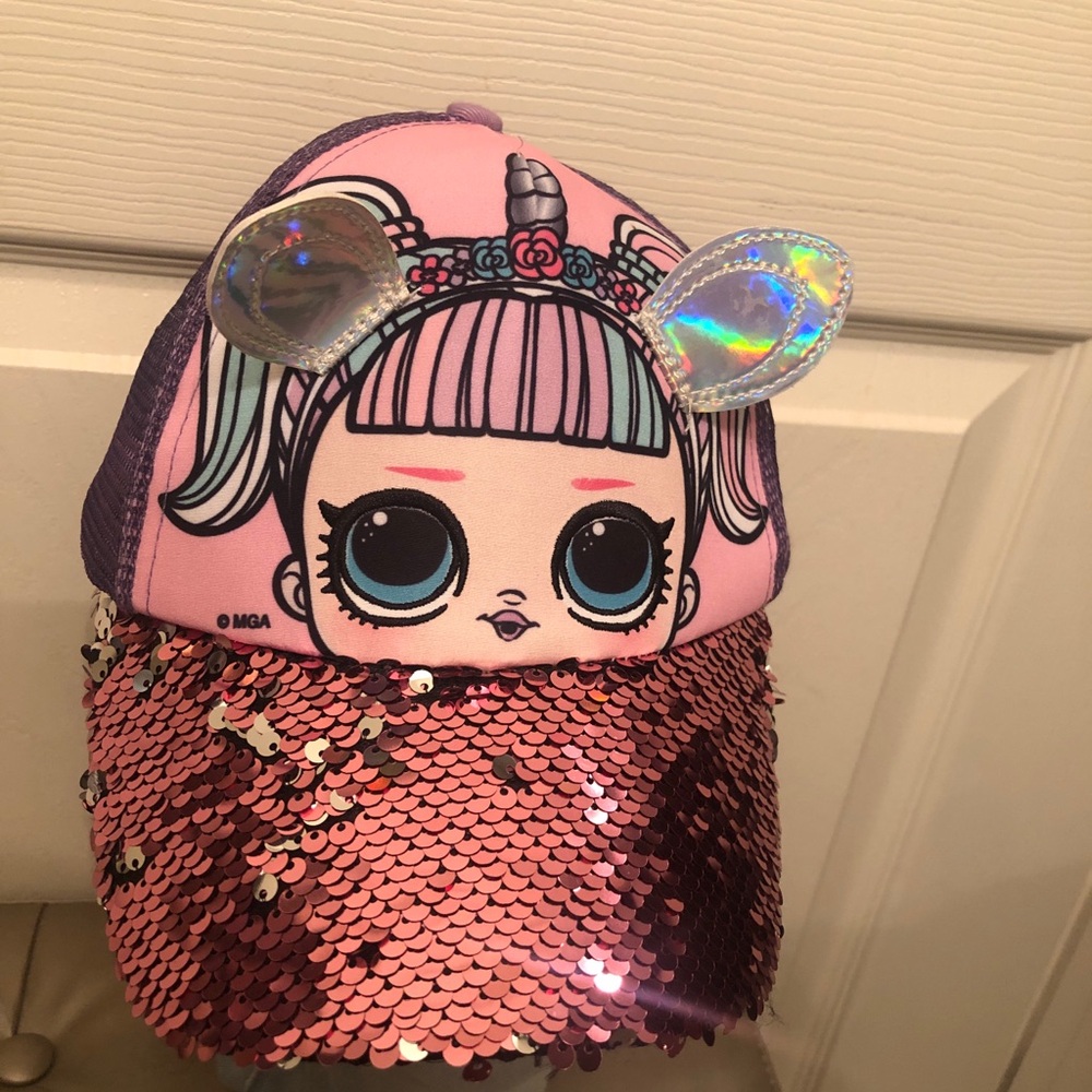 Pink Sequin Unicorn Doll Face Trucker Hat